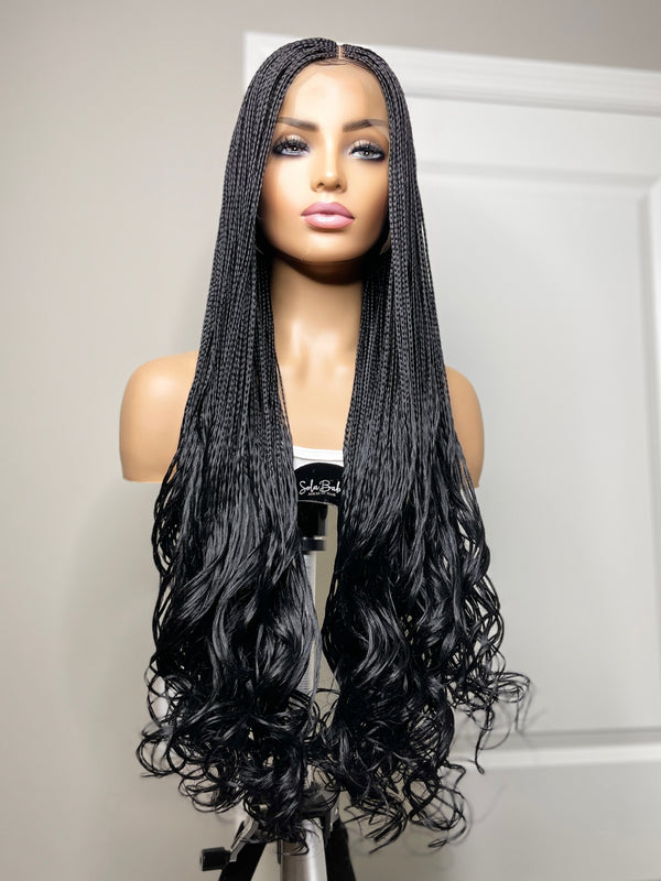 36” Curly Tip Single Braids Frontal Wig